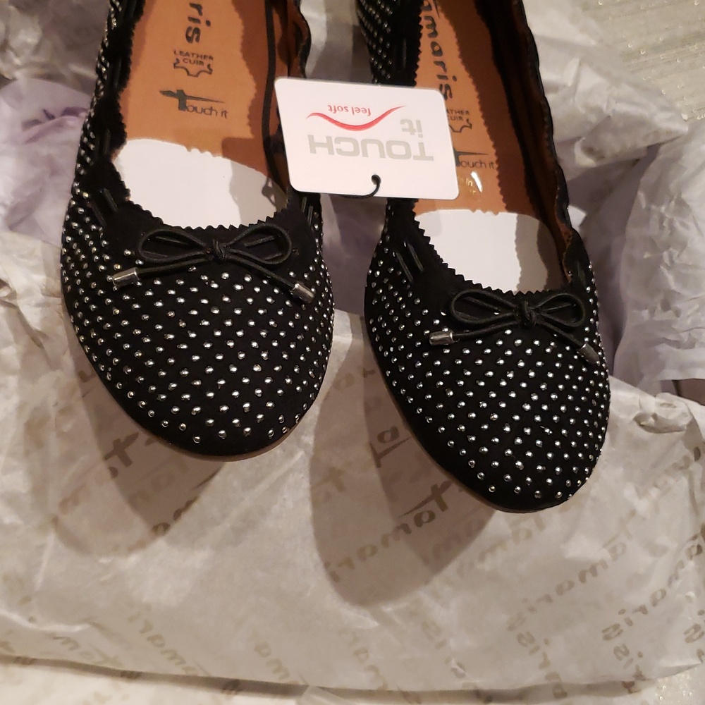 Tamaris NEW Ballerinas Flats Metallic Studs Shoe BLACK Suede Leather Womens 7.5 - Picture 16 of 17